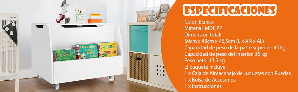 Baúl de almacenamiento, baúl de madera para juguetes con tapa, banco de  almacenamiento con bisagra de seguridad, color blanco para sala de juegos