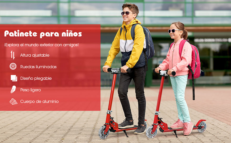 Patinete con Plataforma de Aluminio Manillar Regulable en 3 Posiciones y  Tira para Niños 10+ Años Rosa Hasta 100 kg - Costway