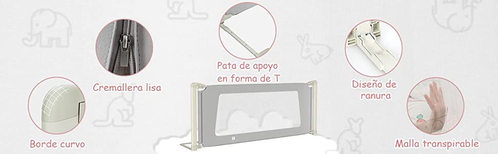 Barrera para Cama para Niños 174,5 cm Barandilla Plegable de Cama con  Elevación Vertical Doble Bloque de Seguridad Gris - Costway