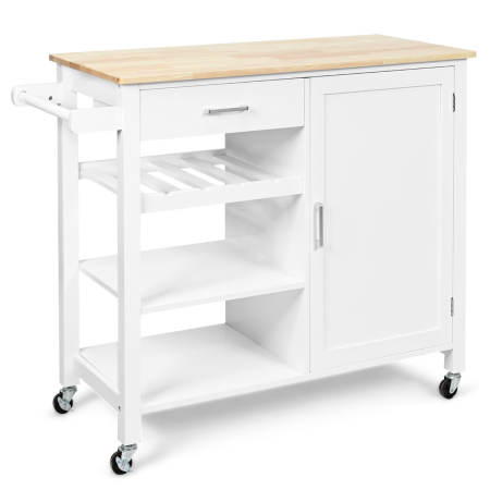 Carro de Cocina con Ruedas Carrito Auxiliar de Madera Carro de Servicio  Multiuso con Estantes Cajón y Toallero para Comedor Restaurante Blanco 96 x  45 x 87 cm - Costway