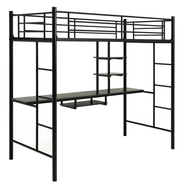 Litera, cama de metal de tamaño individual sobre individual, marco de cama  en forma de casa con tobogán, escalera de almacenamiento y estante lateral
