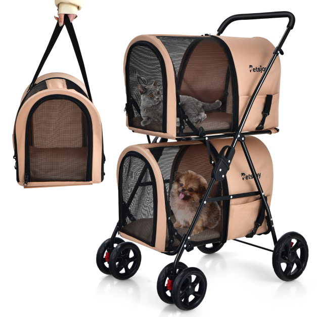 Cochecito para perro, cochecito para mascotas, 4 ruedas, carrito plegable  de viaje impermeable, para cachorros, perros pequeños, gatos con soporte