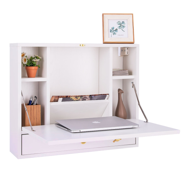 Mesa de Pared Plegable para Ordenador Escritorio de Pared Multifunción con  Compartimientos y Cajón 60 x 15 x 50 cm Blanco - Costway