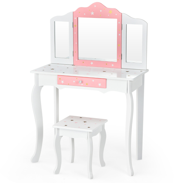 Tocador Mesa de maquillaje Mesa consola tocador con taburete y espejo triple  plegable rosa ASE94777 MaisonChic