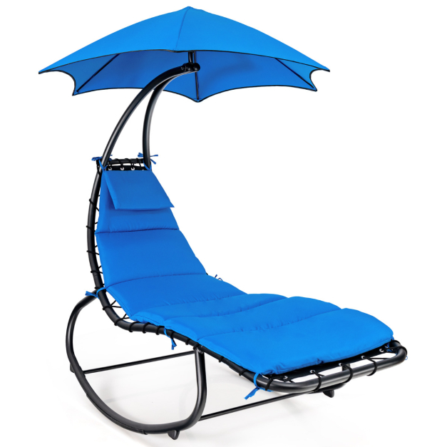 Silla de playa con parasol azul y gris