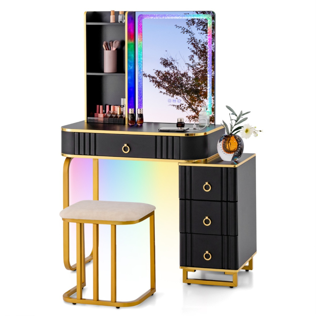 Mesa de tocador de maquillaje, mesa de maquillaje con espejo grande y 10  luces LED, brillo ajustable, escritorio con cajones y estantes, escritorio  de